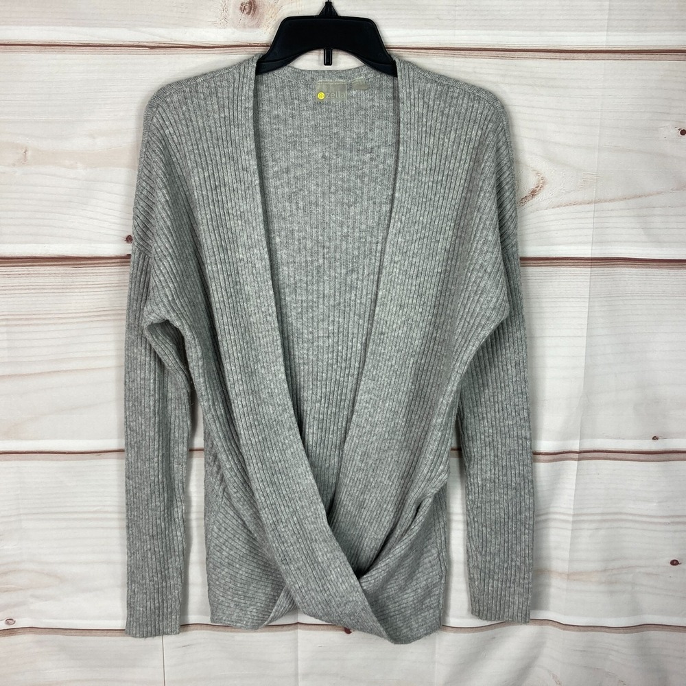 Zella Sweater Womens M Gray Rib Knit Zella Faux Wrap Long Sleeve Criss‎ Cross